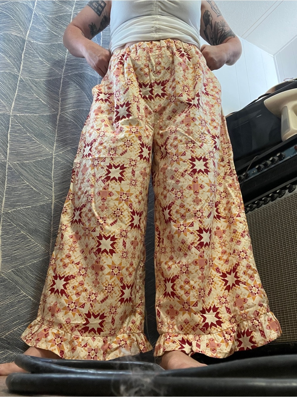 Handmade Wide-Leg Ruffle Cotton Pants in Cream & Pink Quilt Print XL
